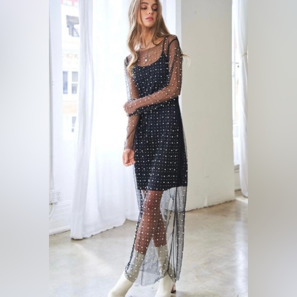 Sheer beaded & rhinestone overlay dress!